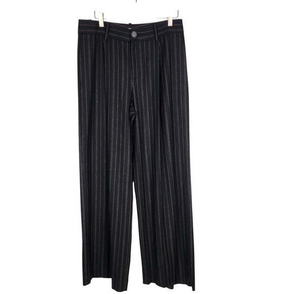 VINCE Pants‎ Womens 8 Black Brown Pinstripe Wide Leg Dress Trousers Work Wool - Picture 2 of 13